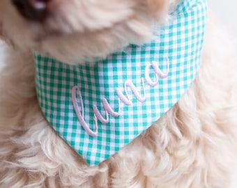 Dog Bandana SEAFOAM Gingham Bandana for Dogs Snap On Dog Bandana Personalized with Name Embroidered Bandana Gift for Dog Mom