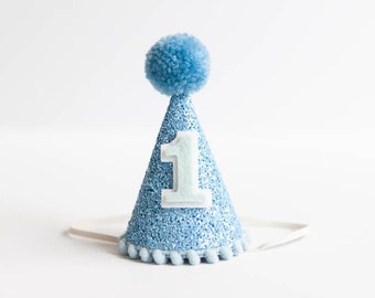 MINI Dog Birthday Party Hat, Mini Birthday Hat, Puppy Birthday Hat, Dog Birthday Party Hat, Blue Bliss Glitter Canvas + Carolina Blue Pompom