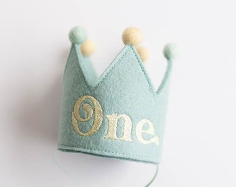 Birthday Hat for Dogs Birthday Crown with Pompoms Dog's First Birthday Dog Birthday Party Birthday Girl or Boy | Sage Green + One