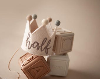 Tan Baby Half Birthday Crown, 1/2 Birthday Crown for Baby, Half Birthday Girl or Boy, Baby Half Birthday Hat for Photos | Neutral Crown