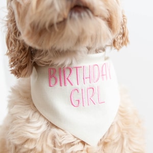 Ivory Birthday Girl Dog Bandana with Snaps | Linen/Cotton Blend Bandana | Custom Bandana Personalized with Birthday Girl for Dog&#39;s Birthday