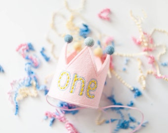 Pink Embroidered Birthday Crown with Pompoms First Birthday Crown Custom Dog Birthday Hats Dog Birthday Keepsake | INSPIRED BY COOKIES