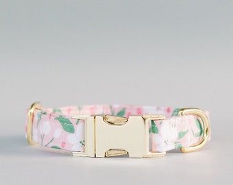 Pink Floral Dog Collar with Cotton Fabric Fashion Dog Collar and Yellow Gold Metal Hardware Handmade Durable Flower Collar Gift for Dog Mom