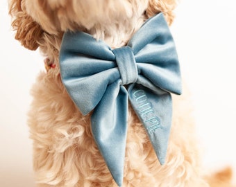 Dusty Blue Dog Bow w/ Embroidery, Personalized Velvet Bow, Dog Sailor Bow, Dog Bowtie, Bow for Dog Collar | Embroidery: Up to 7 Letters