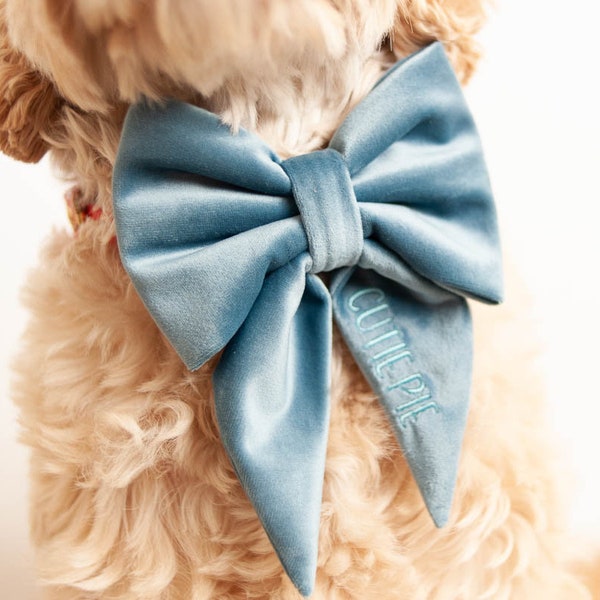 Dusty Blue Dog Bow w/ Embroidery, Personalized Velvet Bow, Dog Sailor Bow, Dog Bowtie, Bow for Dog Collar | Embroidery: Up to 7 Letters