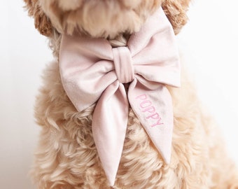 Blush Dog Bow w/ Embroidery, Personalized Velvet Collar Bow, Dog Sailor Bow, Dog Bowtie, Bow for Dog Collar | Embroidery: Up to 7 Letters