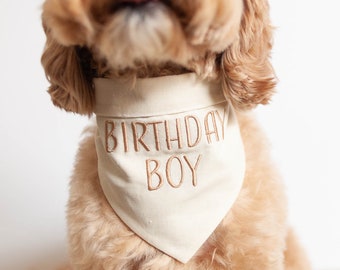 Ivory Birthday Boy Dog Bandana with Snaps | Linen/Cotton Blend Bandana | Custom Bandana Personalized with Birthday Boy for Dog's Birthday