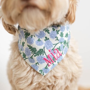 Blue Floral Dog Bandana with Snaps | Spring Bandana for Dog | Custom Embroidered Pup Bandana | Blue Dianthus Dog Bandana