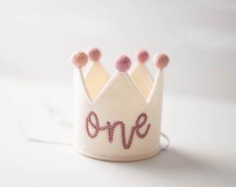 Baby First Birthday Crown, Birthday Crown for Baby, Baby Birthday Outfit, 1st Birthday Hat, Birthday Keepsake | Cream Crown + Mauve Thread