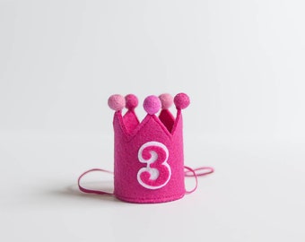 3rd Birthday Crown with Pompoms, Mini Party Hat, Girl's First Birthday, Birthday Party Hat, Baby Birthday Crown, Fuchsia + Choose Number