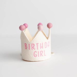 Birthday Girl crown with pink embroidery and pompoms