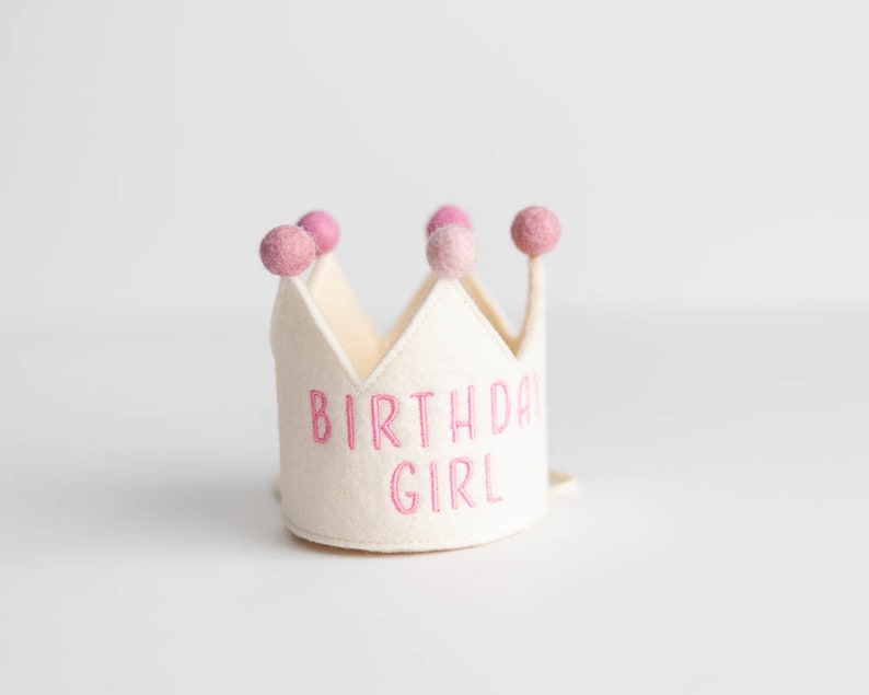 Birthday Girl crown with pink embroidery and pompoms