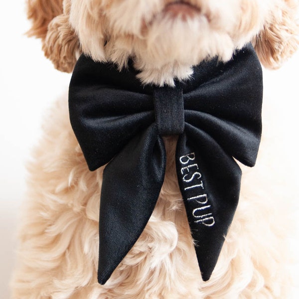 Black Dog Bow w/ Embroidery, Personalized Velvet Collar Bow, Dog Sailor Bow, Dog Bowtie, Bow for Dog Collar | Embroidery: Up to 7 Letters