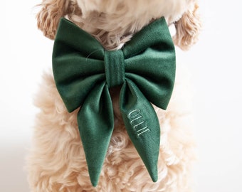 Green Dog Bow w/ Embroidery, Personalized Velvet Collar Bow, Dog Sailor Bow, Dog Bowtie, Bow for Dog Collar | Embroidery: Up to 7 Letters