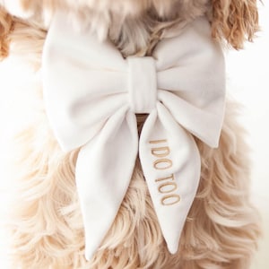 White Dog Bow w/ Embroidery, Personalized Velvet Collar Bow, Dog Sailor Bow, Dog Bowtie, Bow for Dog Collar | Dog Wedding Bow