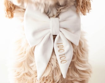 White Dog Bow w/ Embroidery, Personalized Velvet Collar Bow, Dog Sailor Bow, Dog Bowtie, Bow for Dog Collar | Dog Wedding Bow