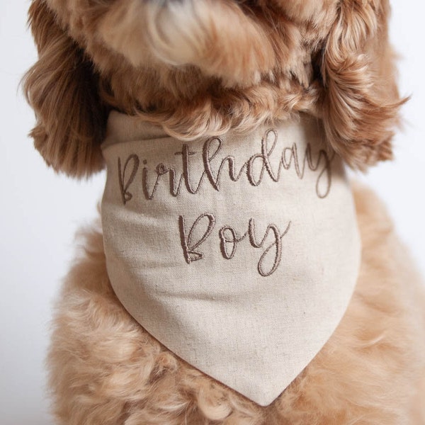 Natural Birthday Boy Dog Bandana with Snaps | Linen/Cotton Blend Bandana | Custom Bandana Personalized with Birthday Boy for Dog's Birthday