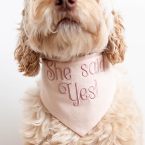 She Said Yes! Dog Bandana with Snaps | Linen/Cotton Blend Bandana for Dog Engagement Photo Bandana Embroidered Bandana Engagement  | PEACH