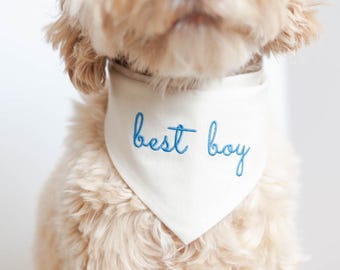 Best Boy Bandana for Dog, Snap On Dog Bandana, Custom Text Wedding Bandana, Engagement Announcement Bandana, Custom Dog | MOON CHAMBRAY