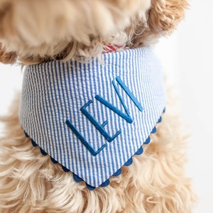 seersucker dog bandana in blue with embroidery