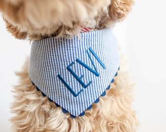 Blue Seersucker Bandana with Snaps Bandana for Dog Custom Bandana Personalized with Name Embroidered Navy Stripes Bandana Gift