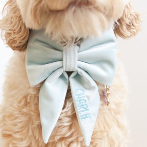 Light Blue Dog Bow w/ Embroidery, Personalized Velvet Collar Bow, Dog Sailor Bow, Dog Bowtie, Bow for Dog Collar | Dog Wedding Bow