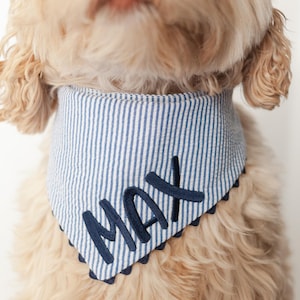 Blue Seersucker Bandana with Snaps Bandana for Dog Custom Bandana Personalized with Name Embroidered Navy Stripes Bandana Gift