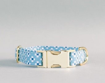 Checkered Blue Dog Collar with Cotton Fabric Fashion Dog Collar and Yellow Gold Metal Hardware Handmade Durable Blue Collar Gift for Dog Mom
