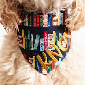 Bookworm Dog Bandana with Snaps | Back to School Dog Bandana with Name Embroidery  | Autumn Dog Gift, Birthday or Everyday Wear