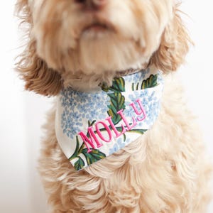 Personalized Blue Hydrangea Dog Bandana with Snaps – Blue Floral Bandana with Name Embroidery – Girl Dog Gift, Birthday or Everyday Wear