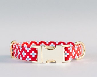 Red Dog Collar with Cotton Fabric Fashion Dog Collar and Yellow Gold Metal Hardware Handmade Durable Red Patterned Collar Gift for Dog Mom
