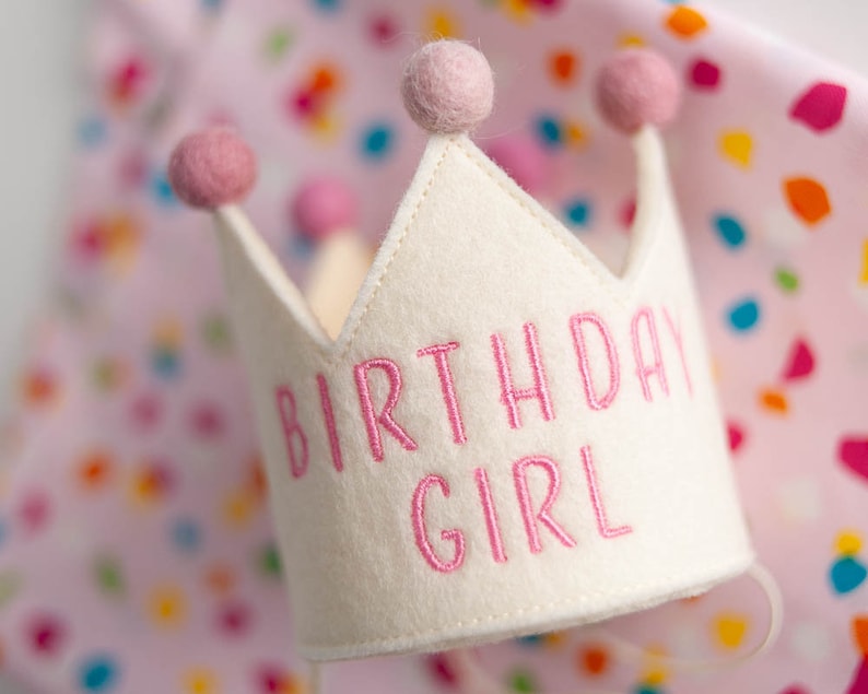 Birthday Girl crown with pink embroidery and pompoms