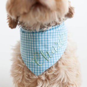 POND Blue Gingham DOG BANDANA with Snap On Dog Custom Bandana Personalized with Name Embroidered Light Blue Dog Bandana Gift for Dog Mom