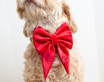 Red Dog Bow w/ Embroidery, Personalized Velvet Collar Bow, Dog Sailor Bow, Dog Bowtie, Bow for Dog Collar | Embroidery: Up to 7 Letters