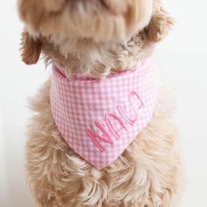 CANDY Pink Gingham Dog Bandana with Snaps for Dog Custom Bandana Personalized with Name Embroidered Pink and White Bandana Gift for Dog Mom