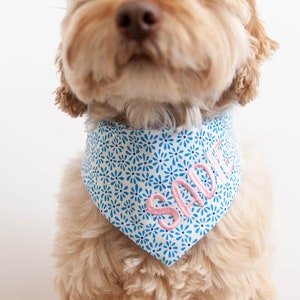 PERSONALIZED Floral Dog Bandana Summer Dog Bandana Cute Dog Bandana with Snaps Embroidered with Name| BLUE Floral Bandana