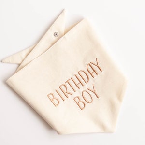 birthday boy dog bandana in linen blend fabric neutral colors