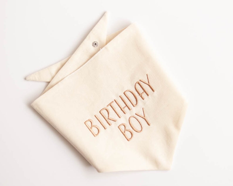 birthday boy dog bandana in linen blend fabric neutral colors