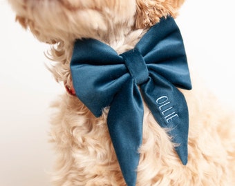 Royal Blue Dog Bow w/ Embroidery, Personalized Velvet Bow, Dog Sailor Bow, Dog Bowtie, Bow for Dog Collar | Embroidery: Up to 7 Letters