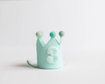 3rd Birthday Crown with Pompoms, Mini Party Hat, Baby's First Birthday, Birthday Party Hat, Baby Birthday Crown, Seamist + Choose Number