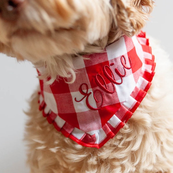 Ruffle bandana Red Gingham Pleated dog bandana Christmas dog scarf plaid Bandana with ruffles Personalized Bandana for Dogs Custom Bandana