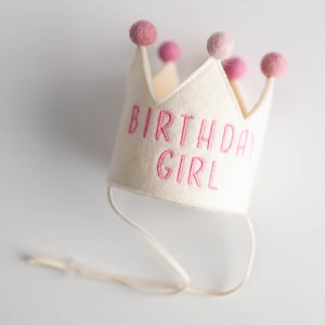 Birthday Girl crown with pink embroidery and pompoms