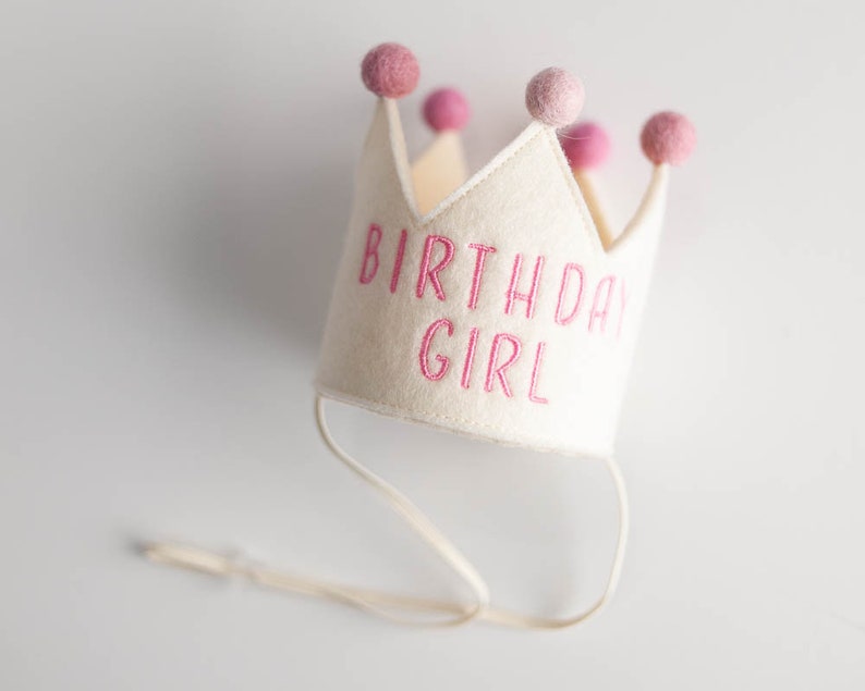 Birthday Girl crown with pink embroidery and pompoms