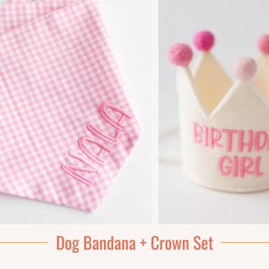 Conjunto de aniversário para cachorro com estampa xadrez rosa, bandana e coroa para cachorro, roupa para o primeiro aniversário do cachorro, chapéu bordado personalizado + bandana para cachorro, aniversário de filhote