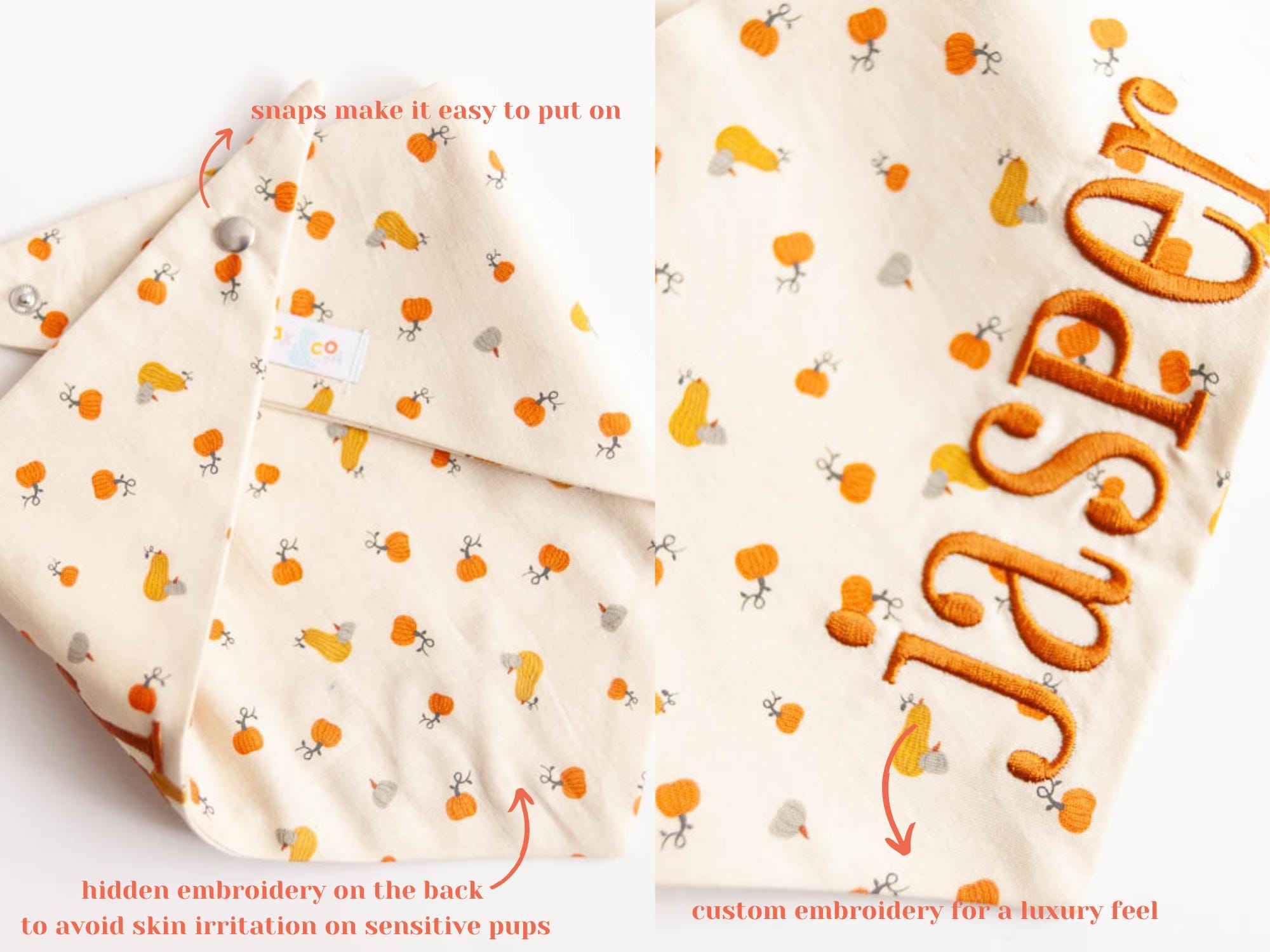 Fall Dog Bandana, New Puppy Gift, Tiny Pumpkins Dog Bandana with Snaps, Puppy Gift, Custom Bandana Personalized with Name Embroidered