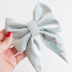 Light Blue Dog Bow w/ Embroidery, Personalized Velvet Collar Bow, Dog Sailor Bow, Dog Bowtie, Bow for Dog Collar | Dog Wedding Bow
