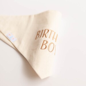 birthday boy dog bandana in linen blend fabric neutral colors