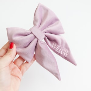 Lavender Dog Bow w/ Embroidery, Personalized Velvet Collar Bow, Dog Sailor Bow, Dog Bowtie, Bow for Dog Collar | Dog Wedding Bow