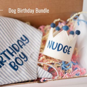 Traje de aniversário para cachorro, bandana de linho listrada de cambraia com botões de pressão, coroa de aniversário para cachorro, chapéu de aniversário personalizado com conjunto de bandana, presente para filhote