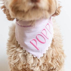 Pink Seersucker Bandana with Snaps Bandana for Dog Custom Bandana Personalized with Name Embroidered Pink Stripes Bandana Gift